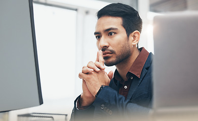 Image showing Office, concentration and face of man at computer thinking or brainstorming ideas for online project. Planning, analytics and Indian businessman on internet search for startup business idea at desk.