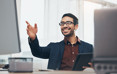 Image showing Invisible screen, computer and business man in office with hand gesture for hologram, virtual tech and ai. Network, technology mockup and happy male at desk with tablet for internet, research and ui