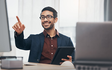 Image showing Point, computer and happy business man in office with hand touch for research, website and internet. Digital network, technology mockup and male smile at desk on tablet for software, data and online