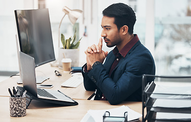 Image showing Office, thinking and ideas, man at computer brainstorming ideas for online project with focus. Planning, concentration and Indian businessman on internet search for startup business idea at desk.