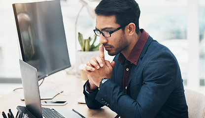 Image showing Office, brainstorming and man at computer thinking of ideas for online project with serious concentration. Planning, analytics and Indian businessman on web search for startup business idea at desk.