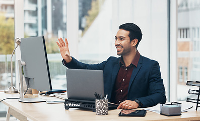 Image showing Computer, invisible screen and business man in office with hand gesture for hologram, virtual tech and ai. Network, technology mockup and male smile at desk with laptop for internet, research and ux