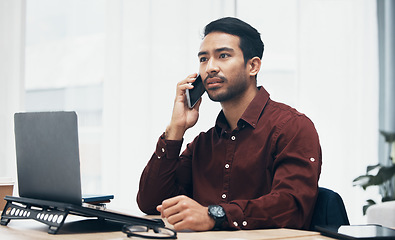 Image showing Phone call communication, office and man talking to financial investment contact about bitcoin stock exchange. Crypto broker, ecommerce or forex account manager networking on NFT trading conversation