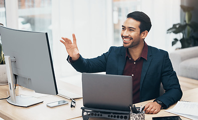 Image showing Invisible screen, technology and business man in office with hand gesture for hologram, virtual tech and ai. Computer, network mockup and happy male at desk with laptop for internet, research and ux