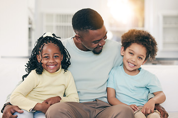 Image showing Black family, home and children portrait with happiness and parent love in a living room. House, smile and happy kids with father care and support in a household together with dad feeling positive