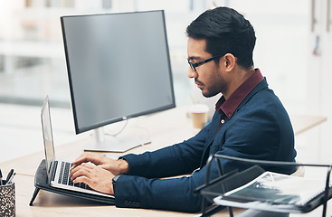 Image showing Laptop, bank administration and man typing on finance spreadsheet, online banking profile or financial accounting. Bookkeeping, budget funding analysis and consultant problem solving payroll system