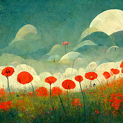 Image showing Beautiful poppy field and cloudy sky. Spring flower background, 