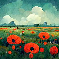 Image showing Beautiful poppy field and cloudy sky. Spring flower background, 