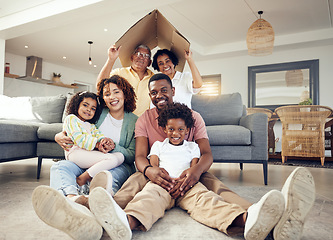 Image showing Family, generations and security, love and insurance for protection, grandparents and parents with kids. Portrait, happy people together in living room with unity and safety for life and home cover