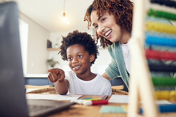 Image showing Black family, mother and kid with laptop for elearning, online education and studying. Interracial homeschool, computer and smile of happy mama helping boy with homework, laughing and having fun.