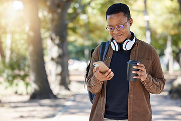 Image showing Black man, phone or coffee on campus, park nature or garden for social media, internet research or class schedule. Smile, happy or student on mobile technology for learning growth with takeaway tea