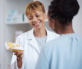 Image showing Pharmacy, pharmacist and woman with medication for customer, pills or box in store. Healthcare, senior and happy medical doctor with prescription medicine, drugs or vitamins, supplements or product.