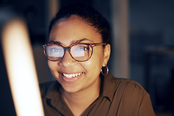 Image showing Computer night, face portrait and black woman review article for media app, website database or social network feedback. Brand copywriting, online blog editor and happy journalist editing news post