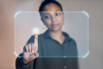 Image showing Futuristic, hologram and black woman with finger on button in future technology and digital overlay virtual reality. Hands, biometric security system and innovation in ux design, touch screen mockup.