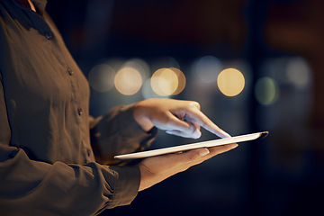 Image showing Tablet scroll, hands and night woman typing data analysis, business feedback report or customer experience insight. Brand monitoring ui, social media research or worker review of system app analytics