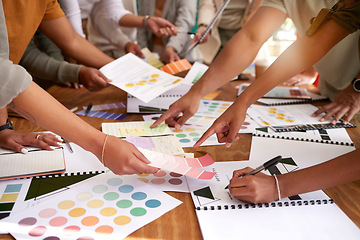 Image showing Color design, creative and hands of business people on desk for branding meeting, strategy and marketing logo. Teamwork, collaboration and designers brainstorming ideas, thinking and project plan