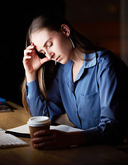 Image showing Business woman, headache and tired with burnout and working night, stress migraine and mental health. Female employee at desk, overtime and fatigue, overworked and exhausted, depression and brain fog