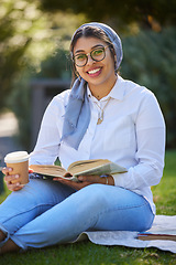 Image showing Books, portrait and happy woman at park, university campus or outdoor distance learning, studying and reading. Muslim, islamic or arabic student with education book for research or college knowledge