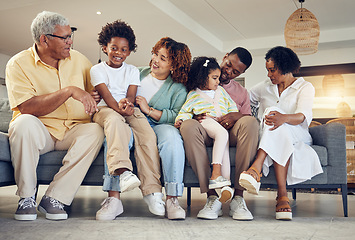 Image showing Love, relax and black family on couch, quality time and conversation for bonding, weekend break and smile. Grandparents, mother and father with kids, siblings or children on sofa, happiness or loving