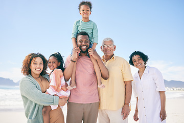 Image showing Portrait, love and family on beach, quality time and happiness with joy, cheerful and adventure. Face, happy grandparents and mother with father, siblings and children on seaside holiday and vacation