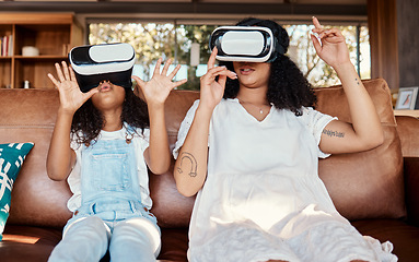 Image showing VR glasses, mother and child on couch in metaverse, futuristic gaming or high tech, 3d experience at home. Virtual reality, digital interaction and mom, kid or family with video games for holiday fun