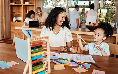 Image showing Learning, home education and mother with child for translation, language development or numbers in family house. Mom or happy woman and kid helping, support or teaching him maths and writing together