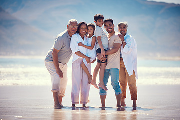 Image showing Beach, portrait of grandparents and parents with kids, smile and bonding together on ocean vacation. Sun, fun and happiness for hispanic men, women and children on summer holiday adventure in Mexico.