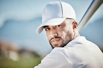 Image showing Baseball batter, portrait or face of man on field at competition, training match on stadium pitch. Softball exercise, fitness workout or serious player playing a game in summer with focused mindset