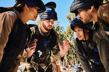 Image showing Planning, paintball team or hands in huddle for strategy, hope or soldier training on war battlefield. Mission, game or serious army people speaking for support, collaboration or military group