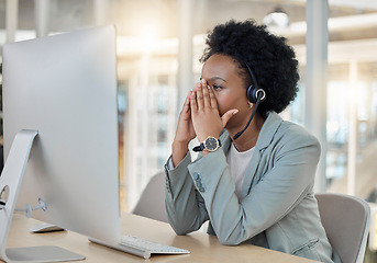 Image showing Headache, tired and call center woman with stress, fatigue or anxiety for telemarketing fail, mistake or work crisis. Professional consultant or person with mental health problem, sad or depression