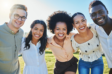 Image showing Friends, diversity and bonding hug in park, nature environment or sustainability garden for profile picture, travel fun or summer holiday. Portrait, smile and happy men, women and people in location