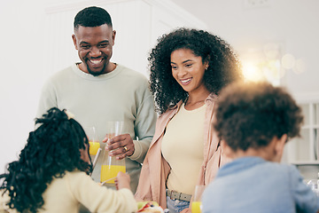 Image showing Family, happiness and have breakfast together in home, mother and father with children, smile with juice and nutrition. Black people, joy and unity, bonding over meal, love and care in relationship