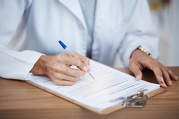 Image showing Doctor, woman hands and reading documents on clipboard of monkeypox research, consulting report and planning. Closeup medical worker writing healthcare paperwork for planning, administration and test