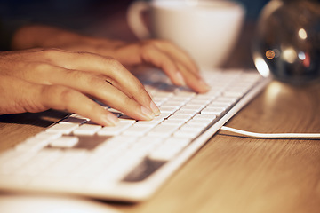 Image showing Keyboard, hands and night woman typing online data analysis, feedback report or customer experience insight. Brand monitoring employee, social media research and worker review digital web analytics