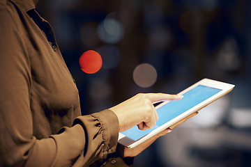 Image showing Tablet scroll, hands and business woman typing data analysis, night feedback report or customer experience insight. Brand monitoring ui, social media research or worker review of system app analytics