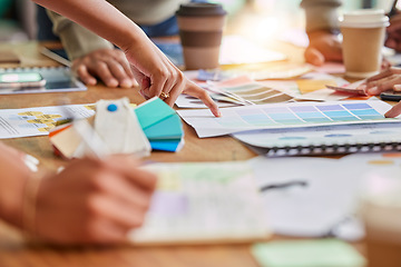 Image showing Color, creative meeting and hands of business people on desk for branding design, strategy and marketing logo. Teamwork, palette project and designers brainstorming ideas, thinking and planning