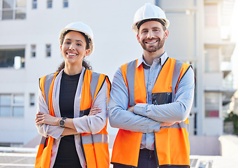 Image showing Proud portrait of engineering people in outdoor, construction site, development or project management mindset. Architecture, contractor or builder woman and partner in building or industry leadership