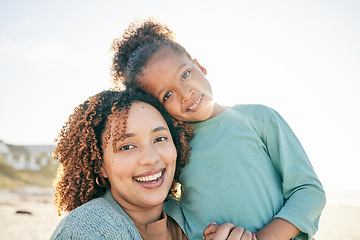 Image showing Happy mother, girl portrait and sea holiday with a smile on mothers day with love. Outdoor, beach and vacation break of a mom and child together with parent love and care in the sun with a hug