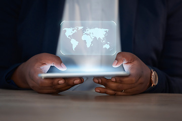 Image showing Map hologram, tablet and business hands for global networking, futuristic technology and digital software app. Optimize connection, night tech screen and professional person with worldwide overlay