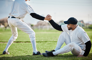 Image showing Teamwork, helping hand or baseball player in training, exercise or workout in practice match on sports field. Softball, strong man or people in tough competitive game with physical fitness or effort