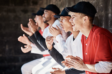 Image showing Sports applause, baseball winner or team in celebration of game success in fun victory, competition or goals dugout. Winning homerun, fitness motivation or happy softball players excited for teamwork