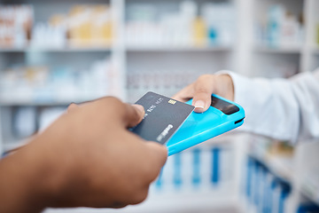 Image showing Credit card, hands and payment tap technology for retail, healthcare and people in pharmacy drug store. Money, machine and shopping for prescription medicine, health insurance and customer buying