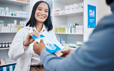 Image showing Pharmacy shopping product, pharmacist or customer buying clinic pills, medical pharmaceutical or healthcare medicine. Supplements package pamphlet, drugs store client or woman in hospital retail shop