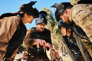 Image showing Mission, paintball or people in huddle planning strategy, teamwork or soldier training on war battlefield. Meeting, community or army soldiers speaking for support, collaboration or military group