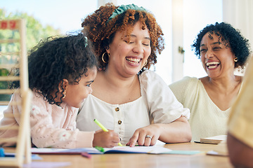 Image showing Learning, laughing and mother, grandmother and kid in home, helping with homework and homeschool. Family education, comic and happy girl with funny grandma and mama teaching her drawing with book.