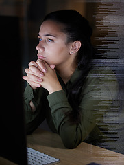 Image showing Thinking, digital hologram and woman on computer in office for coding, programming and online data at night. Technology overlay, idea and female worker focus on pc for research, network and analytics