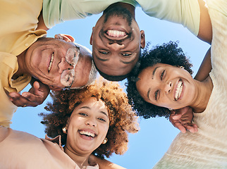 Image showing Circle, senior parents and portrait of family with smile, hugging and embrace in huddle in below view. Blue sky, summer and happy adult children with mother and father for support, bonding and trust