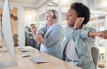 Image showing Telemarketing, business and employees stretching, success and modern office for customer service, help and advice. Coworkers, consultants and agents with smile, headset and stretch arms in workplace