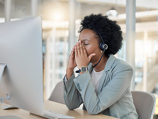 Image showing Sad, tired call center woman stress, fatigue or anxiety in telemarketing fail, career risk or work crisis. Professional consultant, agent or person with headache, mental health problem or depression