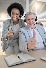 Image showing Customer support, thumbs up and portrait of black woman and man happy at desk in office. Contact us, help desk and teamwork with smile and notebook at advisory agency for crm training at call center.